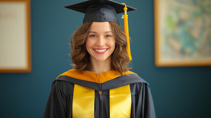 A smiling graduate wearing a cap and gown, celebrating academic achievement in a bright, inviting environment.