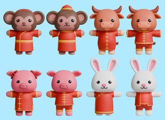 Obraz premium 12 Chinese Zodiac Animals Wearing Chinese Outfit, 3D rendered