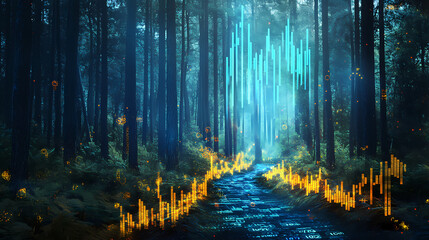A mystical forest path shaped by ascending and descending stock market graphs, fantasy mixed with economic data visualization. Mystical. Illustration