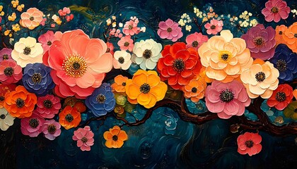 Fototapeta premium A vibrant, multicolored wallpaper displaying an intricate and lively pattern, vibrant wallpaper, multicolored pattern, 