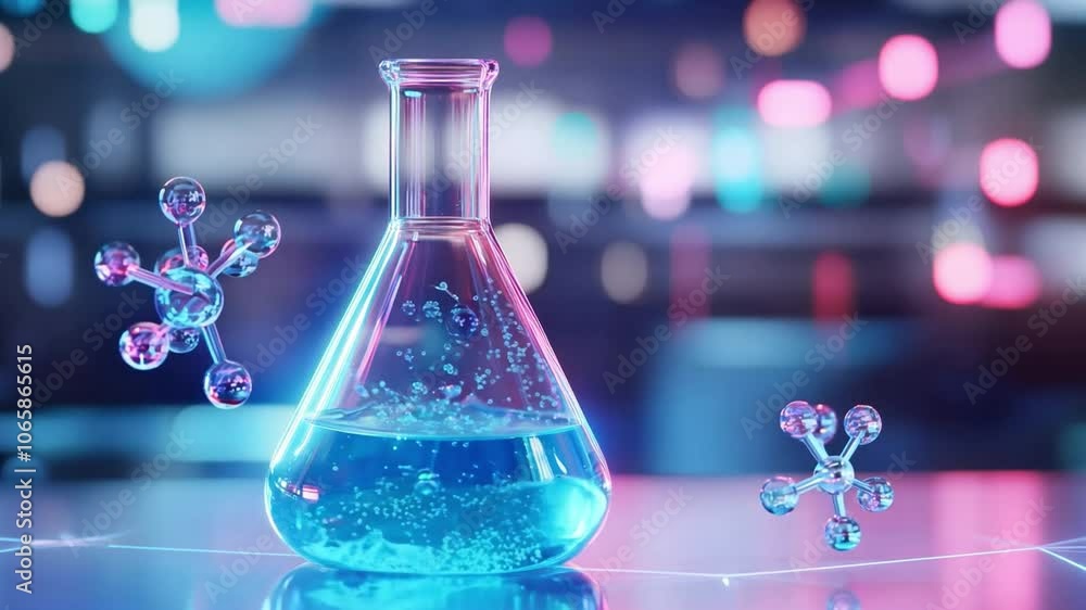 Poster colorful liquids bubble in a flask while molecular models float nearby, creating an engaging atmosph