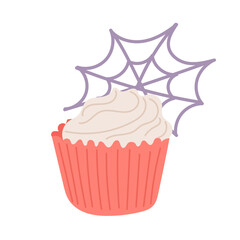 Halloween or mystical cupcake with frosting and spiderweb decoration. Vector sweet food isolated on white background