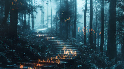 A mystical forest path shaped by ascending and descending stock market graphs, fantasy mixed with economic data visualization. Mystical. Illustration
