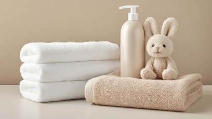 A cozy baby care setup featuring soft towels, gentle wash products, and an adorable bunny toy perfect for nurturing moments