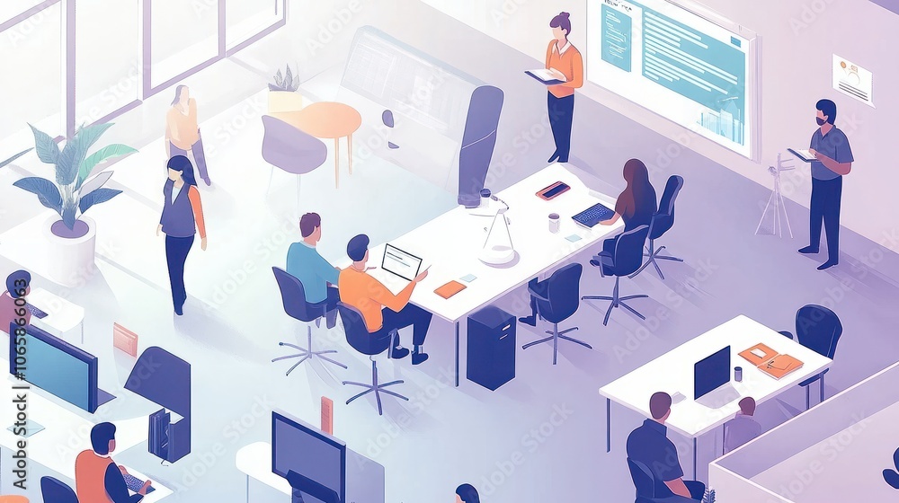 Poster an office space with employees attending a digital transformation training workshop, learning new sk
