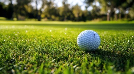 Obraz premium A white golf ball sits on a lush green golf course.