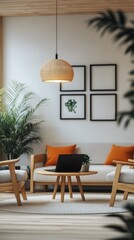 Fototapeta premium Cozy living room with natural light and minimalist decor featuring plants and warm cushions