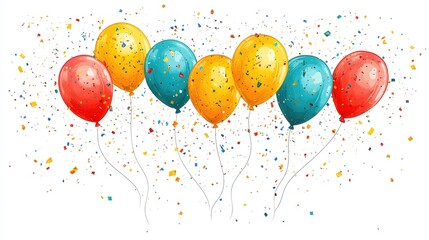 Colorful Balloons and Confetti Celebration on White Background: Festive Party Vibes