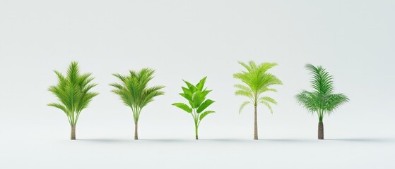 Variety of tropical palm trees against a light background