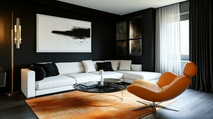 Modern Living Room with White Sectional Sofa, Orange Chair, and Black and White Artwork