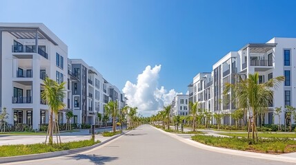 Modern residential building lined along a wide, sunny street with palm tree and blue skies.