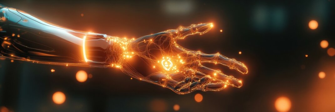 An abstract representation showcases a prosthetic arm illuminated by neural signals seamlessly linking it to the brain. Generative AI - Powered by Adobe