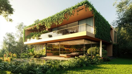 Fototapeta premium Modern Sustainable Home with Glass Walls and Greenery in a Lush Natural Setting