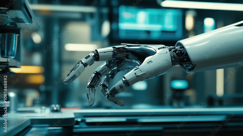 Poster the robotic prosthetic hand delicately holds a small object in a modern lab, showcasing the precisio