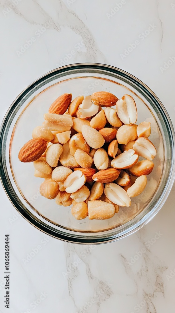 Poster a delightful array of peanuts and creamy peanut butter in a glass bowl captured from above, showcasi