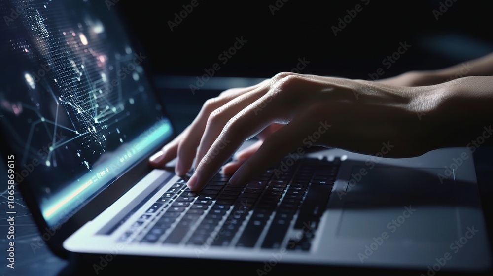 Poster hands typing on laptop with digital data display