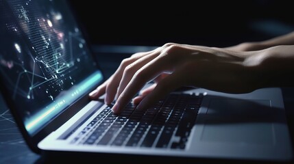Hands Typing on Laptop with Digital Data Display