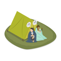 Obraz premium 3D Isometric Flat Illustration of Sleeping In Tent Outside, Homeless Problem