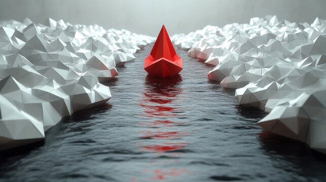 A single red origami boat sails through a channel of white origami mountains. - Powered by Adobe