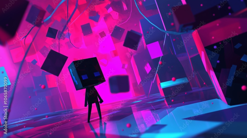 Poster abstract geometric 3d character in futuristic room with neon cubes, representing surreal digital art
