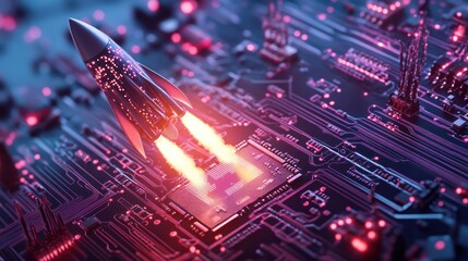 Naklejka premium A futuristic rocket launching from a circuit board, symbolizing advanced technology.