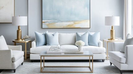 White Sofa with Blue Pillows and Gold Lamps in a Modern Living Room