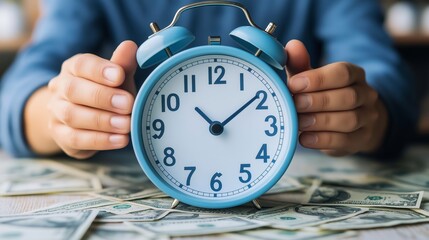 Person Holding Clock with Floating Dollar Bills, Symbolizing Time Value, Financial Investment, and Wealth Management, Generative AI