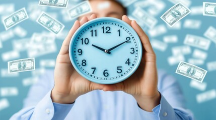 Person Holding Clock with Floating Dollar Bills, Symbolizing Time Value, Financial Investment, and Wealth Management, Generative AI