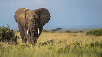 Fototapeta premium A majestic elephant stands in a grassy field, with a blue sky in the background, showcasing the beauty of wildlife.