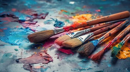 Fototapeta premium Vibrant Paint Brush Display on Colorful Palette