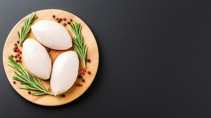 Fresh raw chicken sausages nestled on a wooden board with rosemary and pink peppercorns, showcasing a gourmet arrangement against a dark backdrop