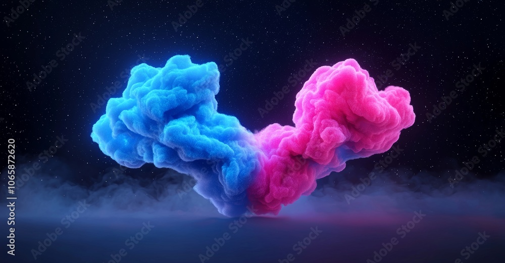 Poster this is a 3d rendering of glowing particles in deep space. bright electric flashes are seen in the b