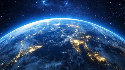 Fototapeta premium A breathtaking view of Earth at night showcasing city lights over continents from outer space, revealing stunning natural beauty and human impact