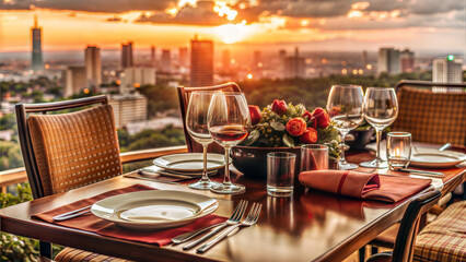 Fototapeta premium Elegant Dinner Table Setting with a Cityscape Sunset View