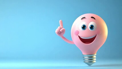 A pink light bulb animated character smiles while pointing finger aside, showing copy space against a light blue background