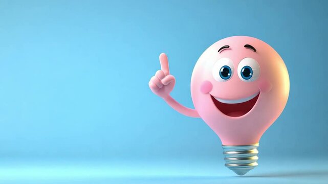 A pink light bulb animated character smiles while pointing finger aside, showing copy space against a light blue background