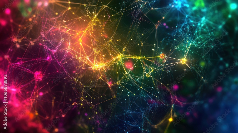 Poster a vibrant, abstract representation of interconnected nodes and pathways in a digital network.