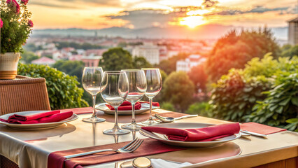 Fototapeta premium Elegant Dinner Table Setting with a Cityscape Sunset View