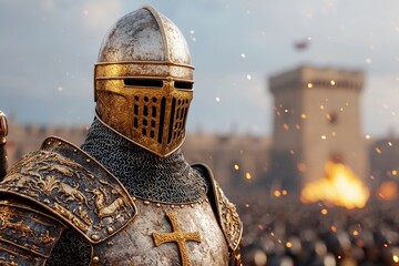 Fototapeta premium Standing against a starry background is a knight in shining armor.