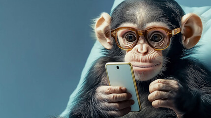 Funny monkey is holding a mobile phone