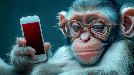 Funny monkey is holding a mobile phone