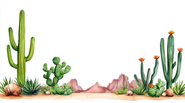 A watercolor western scene with cactus and mountain in a minimalist style, isolated on a white background.