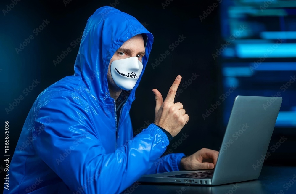 Poster a computer hacker wearing a white mask and hoodie tries to hack and steal data from a computer using