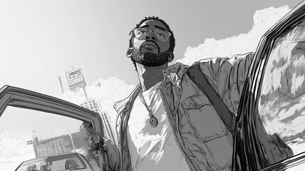 A young man embraces life as he steps out of a car in a vibrant city atmosphere