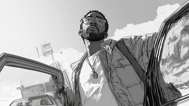 A young man embraces life as he steps out of a car in a vibrant city atmosphere