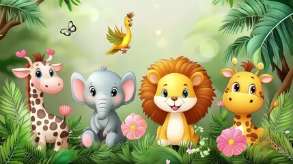 Fototapeta premium A cheerful group of cartoon-style animals including a giraffe, elephant, lion, and another giraffe surrounded by tropical foliage and flowers