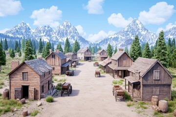 Fototapeta premium A view of an abandoned street with classic western-style facades and wooden carts in the sunshine