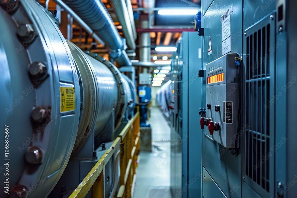 Poster industrial pipes and control panel running inside factory, showing complex machinery and illuminated