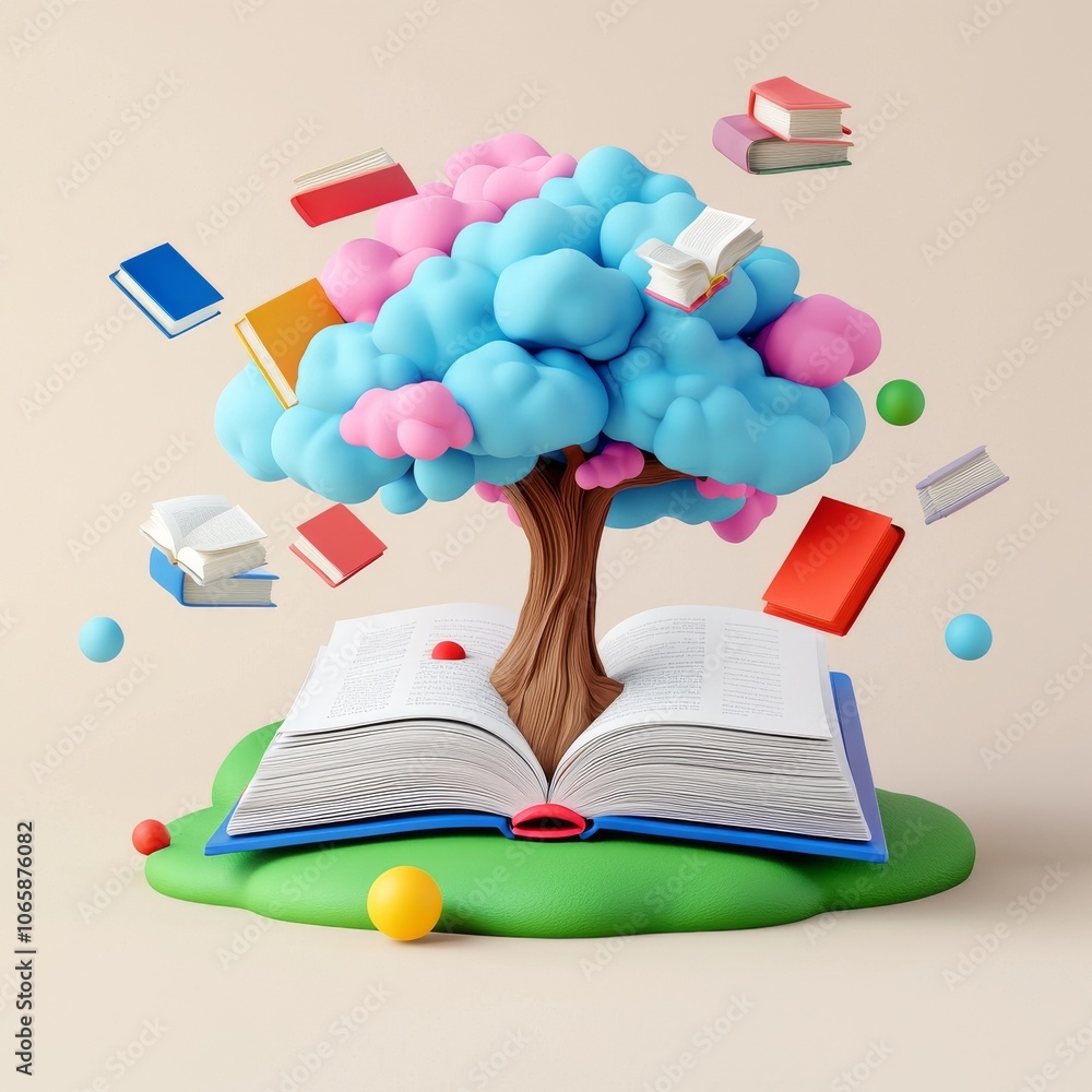 Poster stacks of books form a tree, surrounded by suspended elements, creating a magical and whimsical envi