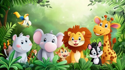 Naklejka premium A colorful cartoon-style illustration featuring various cheerful animals including a lion, elephant, giraffe, and more in a lush jungle setting